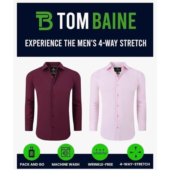 Tom Baine Men's Black Poly/Spandex Slim Fit Performance Stretch Button Down Shir - Picture 2 of 16